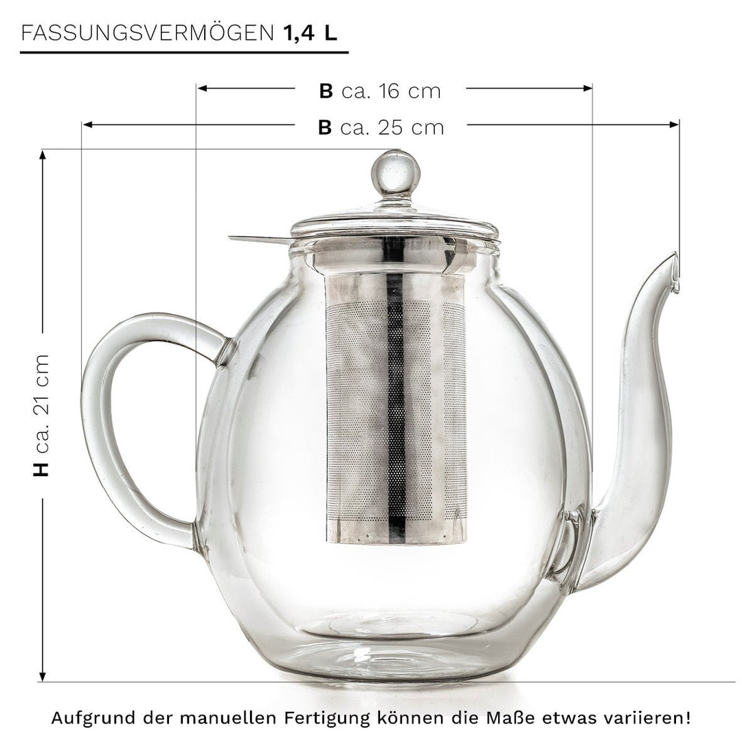 Doppelwandige Glas - Teekanne mit Edelstahlfilter "hoch" 1,4 Liter