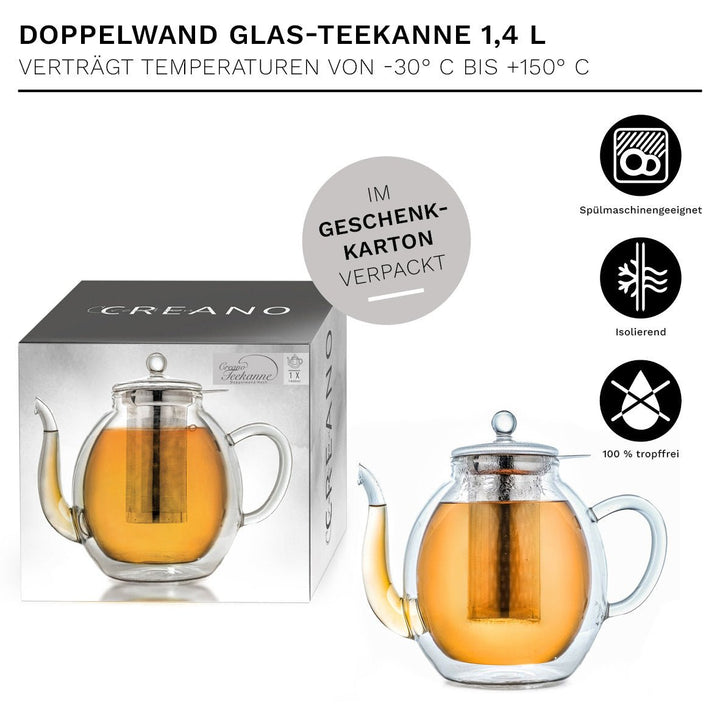 Doppelwandige Glas - Teekanne mit Edelstahlfilter "hoch" 1,4 Liter